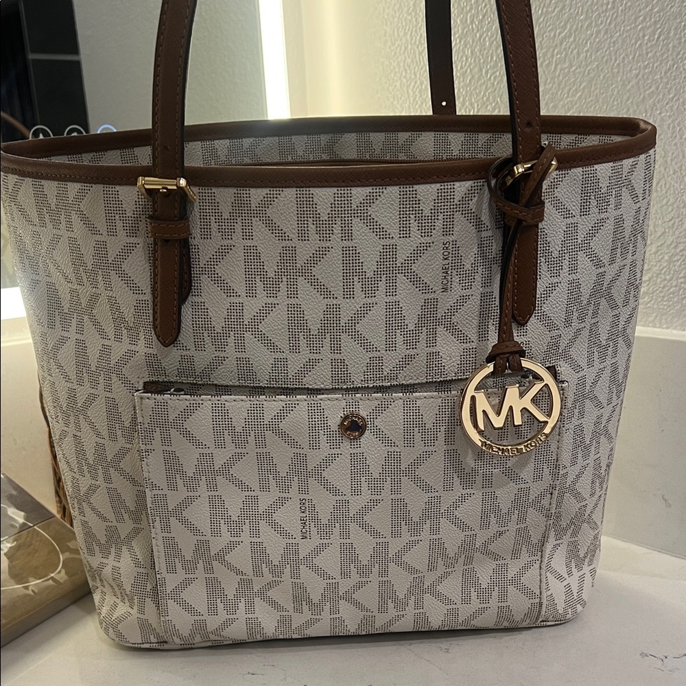 Michael Kors White & Brown Signature MK Tote with Gold Charm